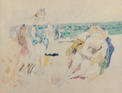 Raymond LEGUEULT (1898-1971) Femmes sur la plage Aquarelle, signée en bas à gauche...