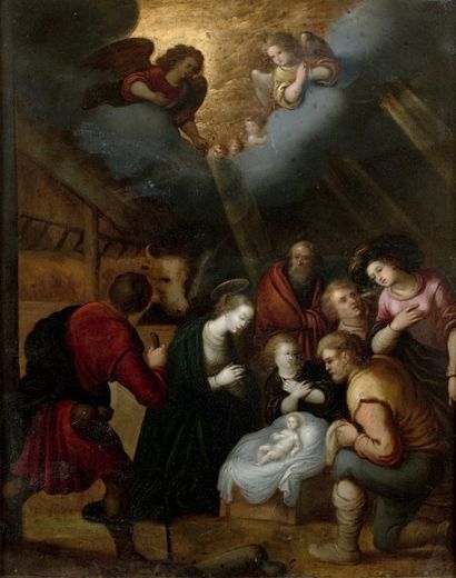 Louis de CAULLERY (1565-1622) 
Nativité
Cuivre.
Haut. 37,5 - Larg. 30 cm