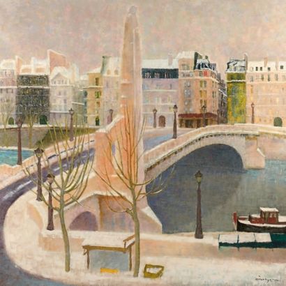 Shizuka MURAYAMA (né en 1918) 
Le Pont de la Tournelle sous la neige
Huile sur toile,...