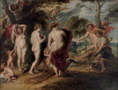 Ecole flamande du XVIIe, atelier de Pierre Paul RUBENS Le Jugement de Pâris
Panneau...