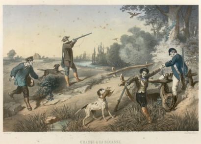 null Lithographie en couleurs: Chasse à la bécasse. Règnier et Béttanier, d'après...