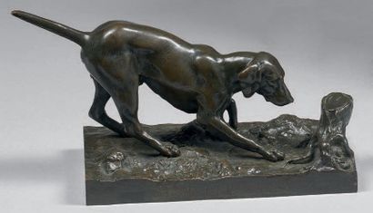 Antoine Louis Barye (1796-1875) Chien d'arrêt. Bronze à patine brun vert signé, portant...