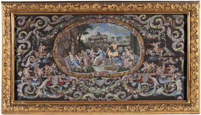 École française vers 1700-1720 Une scène galante Gouache, dans un médaillon entouré...