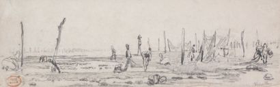 Paul HUET (1803-1869) Pêcheurs à marée basse, Vierville Crayon noir, cachet d'atelier...