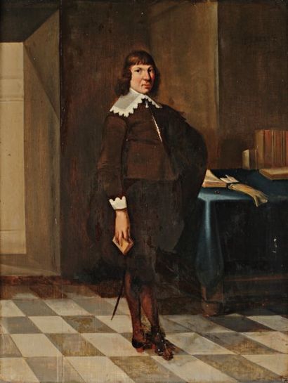 Attribué à Dick SANTVOORT (1610-1680) Portrait d'homme dans un intérieur Panneau...
