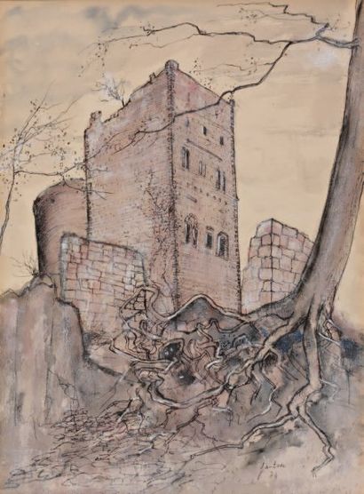 Bernard GANTNER (1928) Le Château d'Ottrot Dessin à l'encre et lavis signé en bas...