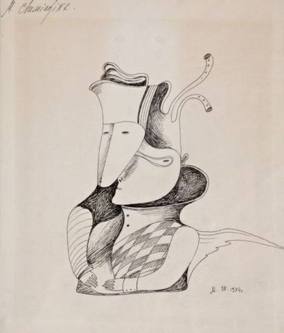 Mikaël CHEMIAKIN (1943) Deux personnages aux masques Plume, signé en bas à gauche....