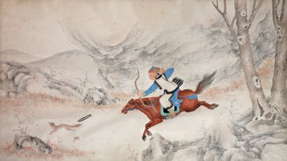 null Peinture à l'encre et gouache sur papier représentant un cavalier mongol chassant...