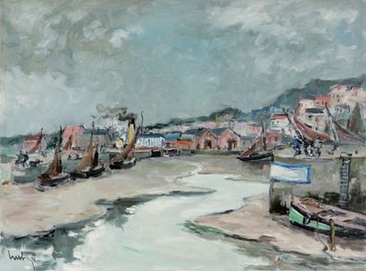 Fernand HERBO (1905-1995) Entrée du port de Honfleur à marée basse. Huile sur toile...