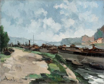 Fernand HERBO (1905-1995) Péniches à Asnières. Huile sur toile marouflée sur toile....
