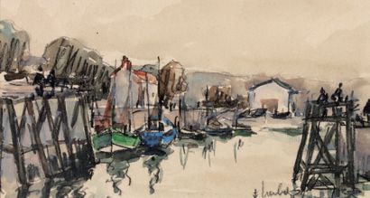 Fernand HERBO (1905-1995) Port en Bessin. Aquarelle signée en bas à droite. Haut....