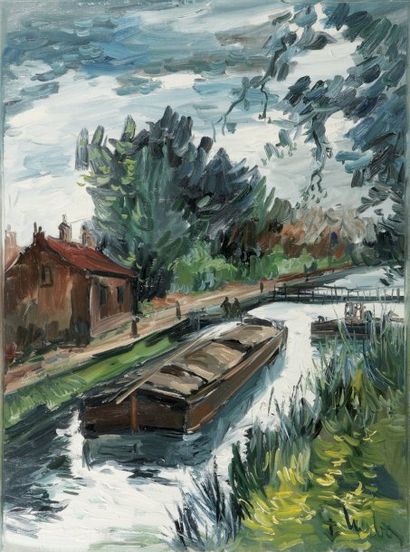Fernand HERBO (1905-1995) Le Canal de l'Ourcq. Huile sur toile signée en bas à droite....