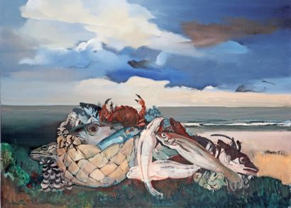 Emmanuel LAMOTTE (1916-1998) Nature morte aux poissons Huile sur toile signée en...