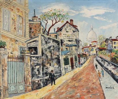 Elisée MACLET (1881-1962) Rue animée à Montmartre. Huile sur toile signée en bas...