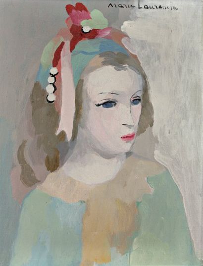 Marie LAURENCIN (1883-1956) Jeune femme à la coiffe. Huile sur toile signée en haut...