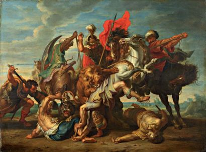 Balthazar BESCHEY (Anvers 1708-1776) La Chasse au lion, d'après Rubens. Panneau signé...