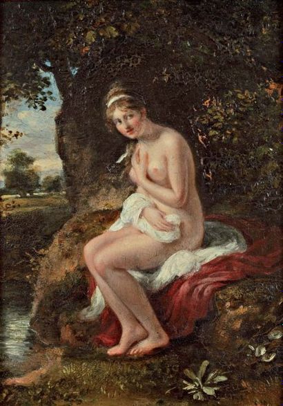 Jacques Antoine VALLIN (vers 1760-après 1831) Jeune femme prés d'une rivière. Panneau...