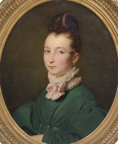 École française du XIXe siècle, entourage de DEVERIA Portrait de femme en robe verte....