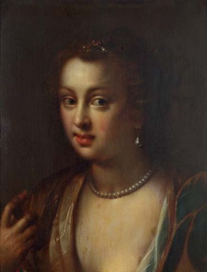 Gortzius GELDORP (1553-1618) Jeune femme en buste au collier de perles. Panneau de...