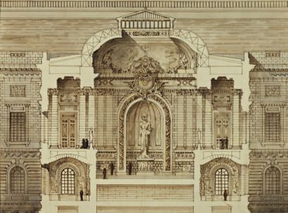 École française du XIXe siècle Coupe architecturale avec une statue de Minerve Plume,...