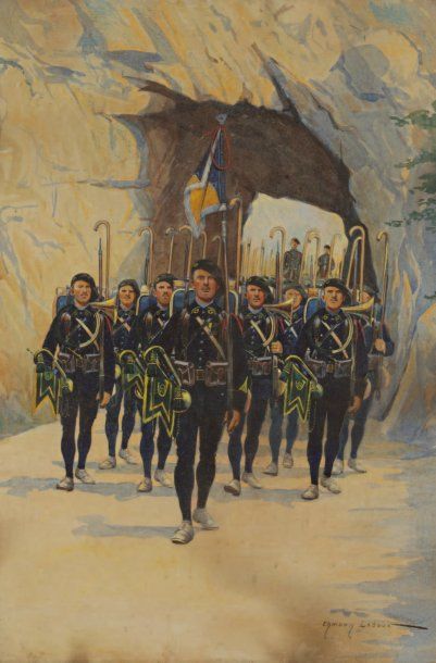 Edmond LAJOUX Le 27ème bataillon de Chasseurs alpins Aquarelle signée en bas à droite....