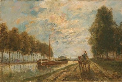 Stanislas LÉPINE (1835-1892) Le Canal de l'Ourcq. Chemin de halage. Effet de lune...