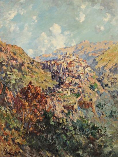William THORNLEY (1857-1935) Le Village de montagne. Huile sur toile signée en bas...