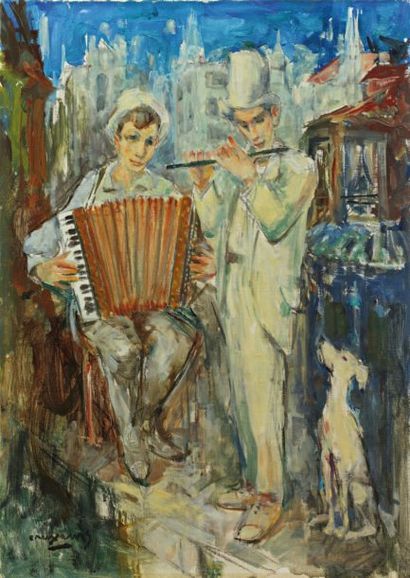 Pedro CREIXAMS (1893-1865) Deux musiciens. Huile sur toile signée en bas à gauche....