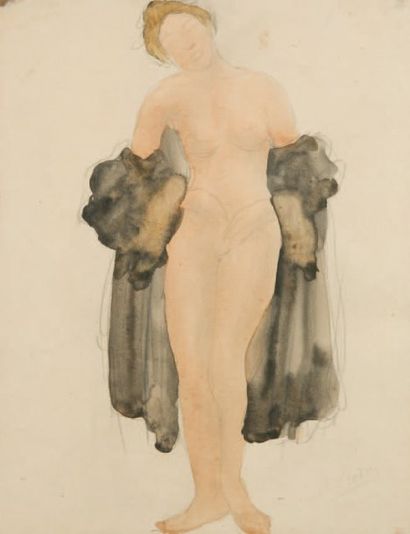 Odilon ROCHE (1868-1947) Nu au manteau noir. Dessin au crayon et aquarelle dédicacé...