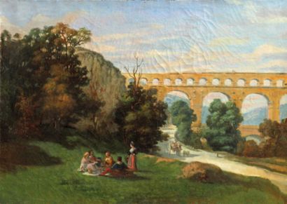 Jules SALLES (1814-1898) Déjeuner sur l'herbe sous un viaduc. Toile signée en bas...