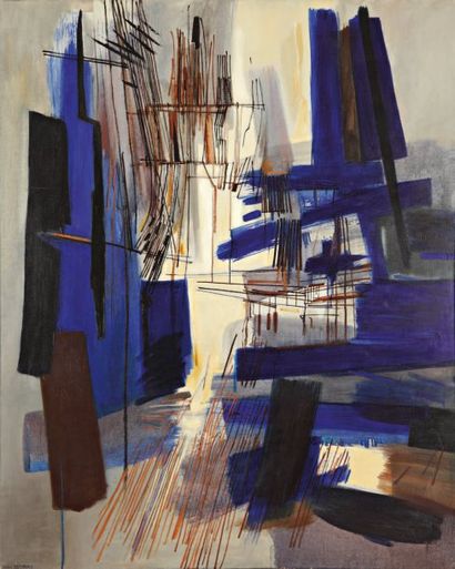 Huguette ARTHUR-BERTRAND Grimaine (composition bleue). Huile sur toile signée en...