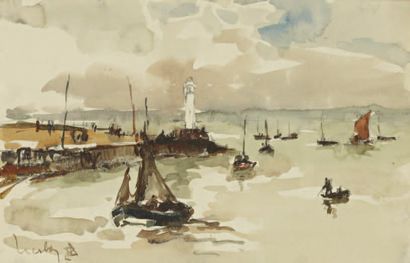 Fernand HERBO (1905-1995) Honfleur, le phare. Aquarelle signée en bas à gauche. Haut....