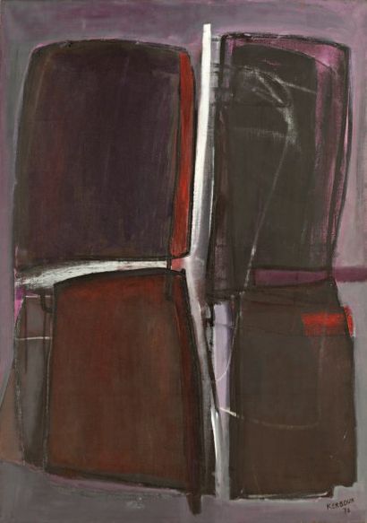 Jean KERBOUR Composition, fond noir. Huile sur toile signée en bas à droite. Haut....