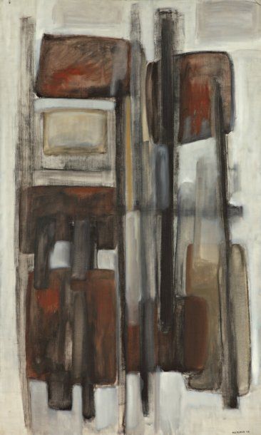 Jean KERBOUR Composition, fond gris. Huile sur toile signée en bas et datée 67. Haut....