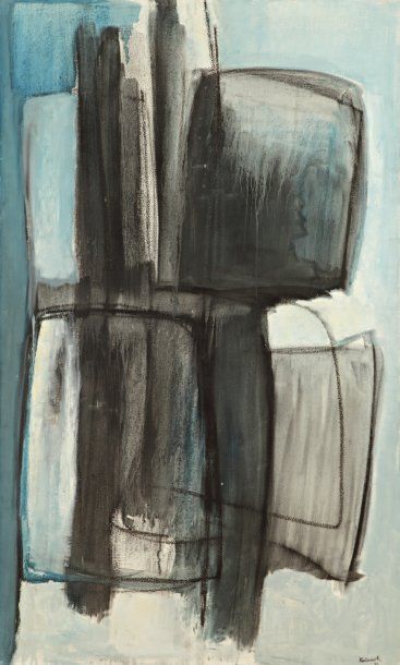 Jean KERBOUR Composition, fond bleu. Huile sur toile signée en bas à droite «Kerbourc'h»...