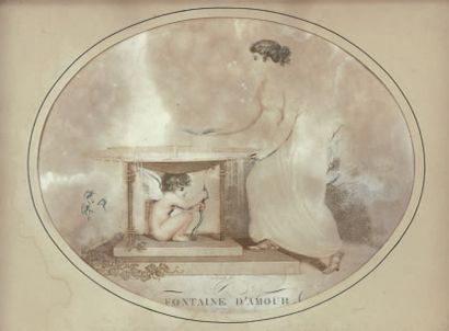Paire de gravures romantiques par LE COULE 
Fontaine d'amour et L'Amour dans la bouteille
Haut....