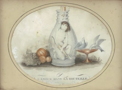 Paire de gravures romantiques par LE COULE 
Fontaine d'amour et L'Amour dans la bouteille
Haut....