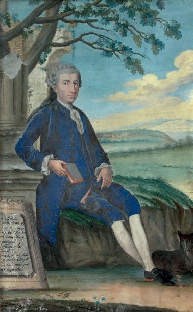École FRANÇAISE du début du XVIIIe siècle 
Portrait d'homme assis en habit bleu,...
