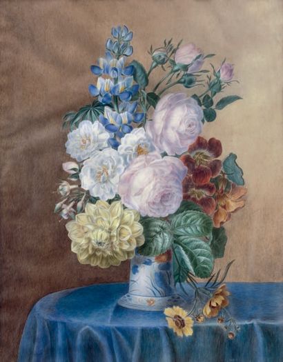 École Française du XIXe siècle 
Vase de fleurs variées
Gouache. Cadre en loupe.
Haut....