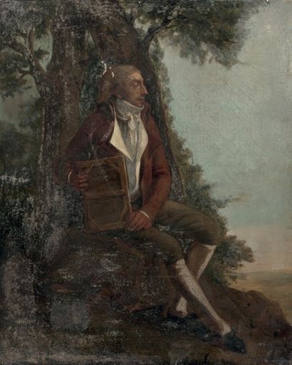 École Française du XIXe siècle 
Portrait d'un artiste tenant une toile, sous un arbre
Huile...