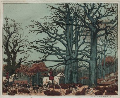 Maurice TAQUOY (1878-1952) 
Le Départ pour la chasse, 1910
Lithographie en couleurs,...
