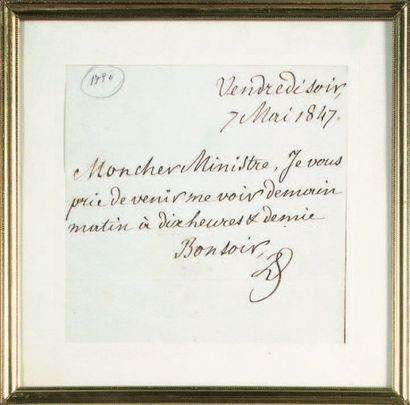  LOUIS-PHILIPPE, roi des Français Billet autographe signé «L P», daté du 7 mai 1847...