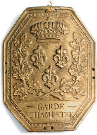 null PLAQUE DE GARDE-CHAMPÊTRE
En métal doré, ornée des armes de France sous couronne...