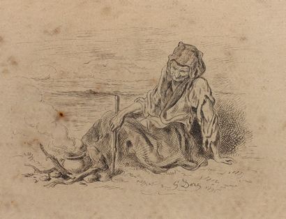 Gustave DORÉ (1832-1883) Femme âgée assise près d'un brasero
Dessin à la plume, signé...