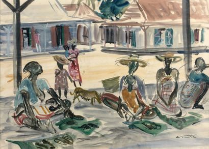 Élisabeth FAURE (1906-1964) Village malgache animé
Gouache sur papier, signée en...