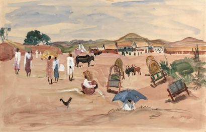 Élisabeth FAURE (1906-1964) Le Marché malgache
Gouache sur papier, signée en bas...