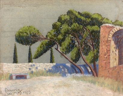 Bogomir DALMA (né en 1899) Paysage au mur et aux cyprès
Pastel, signé en bas à gauche...
