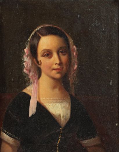 École française vers 1860 Jeune fille au fichu rose Toile. Haut. 26 - Larg. 20 c...