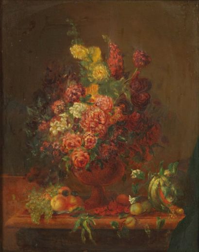 École française de la fin du XIXe siècle Bouquet de fleurs sur un entablement Panneau...