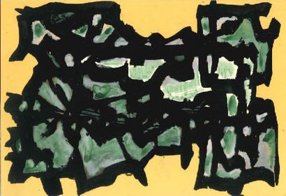 null Composition abstraite, motifs verts sur fond jaune. 21 x 14,5 cm 